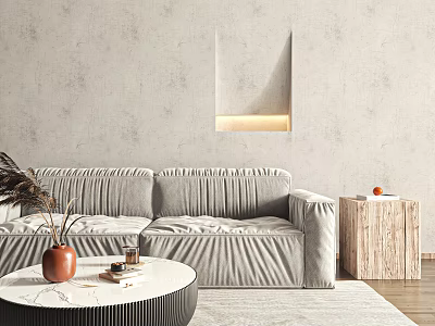 Light Gray Pleated Fabric Two Seater Sofa With Textured Wall Lit Niche Round Marble Coffee Table And Wooden Side Table 3d model