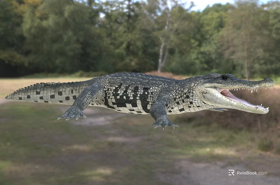 Large Crocodile with Open Mouth in Natural Outdoor Setting and Green Trees 3d model 