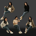 Group of Women in Casual Outfits With Various Sitting Poses on Dark Background