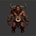 Mythical Red Skinned Monster With Large Horns Muscular Build Fur Armor Bracers And Crescent Pendant