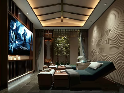 Modern SPA Sauna Interior Design With Comfortable Loungers TV Screen And Green Plants 3d model