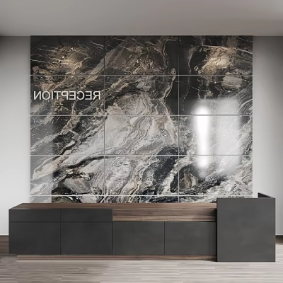 Marble Floor Tiles Decorate Reception Wall In Modern Area With Wooden Desk 3d model
