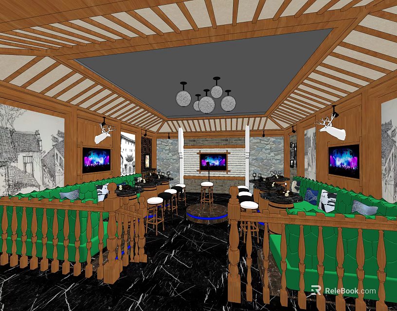 KTV Interior Design With Wooden Decor Green Sofas Pendant Lights And TV Screens 3d model 