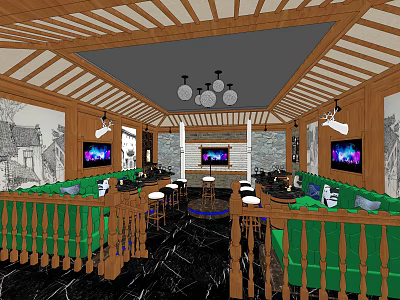 KTV Interior Design With Wooden Decor Green Sofas Pendant Lights And TV Screens 3d model