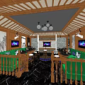 KTV Interior Design With Wooden Decor Green Sofas Pendant Lights And TV Screens