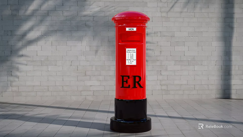Red Post Box Commercial Equipment Featuring ER Logo and Gray Brick Wall Background 3d model 