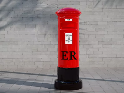 Red Post Box Commercial Equipment Featuring ER Logo and Gray Brick Wall Background 3d model