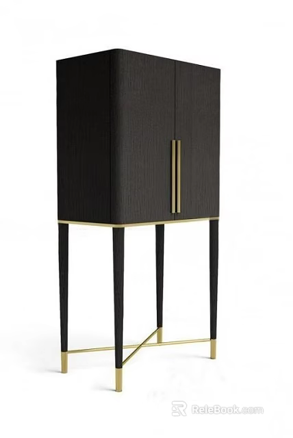 Modern Textured Black Entryway Side Cabinet With Gold Handles And Tall Black Legs Design 3d model 