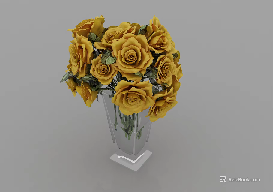 Clear Cut Glass Vase With Square Base Displaying Bouquet Of Yellow Roses And Green Leaves 3d model 