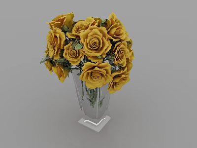 Clear Cut Glass Vase With Square Base Displaying Bouquet Of Yellow Roses And Green Leaves 3d model