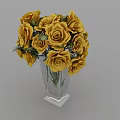 Clear Cut Glass Vase With Square Base Displaying Bouquet Of Yellow Roses And Green Leaves