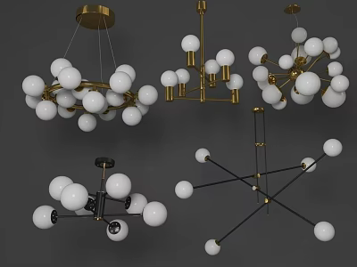 Modern Chandeliers Featuring Gold Black Metal Frames And White Spherical Shades In Various Contemporary Styles 3d model