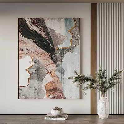 Abstract Painting Wall Art With Colorful Pattern Hanging Near White Vase And Green Plant 3d model