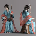 Woman in blue red traditional costume playing elegant musical instrument sitting on wooden chair