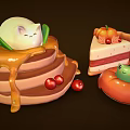 Stacked Pancakes With Caramel Sauce Cherries Fruit Cake Slice And Smiling Red Donut