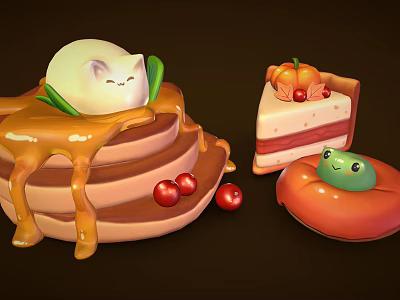 Stacked Pancakes With Caramel Sauce Cherries Fruit Cake Slice And Smiling Red Donut 3d model