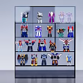 Colorful Action Figures Collection On Glass Display Shelf With Multiple Layers
