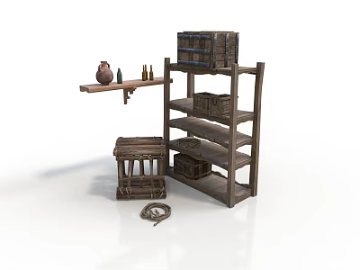 Rustic Wooden Furniture Set With Shelf Crate Baskets Clay Pot Small Bottles And Rope 3d model