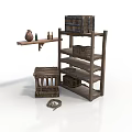 Rustic Wooden Furniture Set With Shelf Crate Baskets Clay Pot Small Bottles And Rope