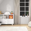 Cozy Nursery Room With White Storage Cabinet Toys Window Curtains Rug And Bean Bag