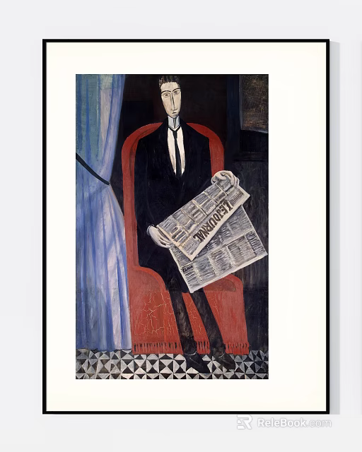 Portrait Painting of Man in Suit and Tie Reading Newspaper on Red Chair 3d model 