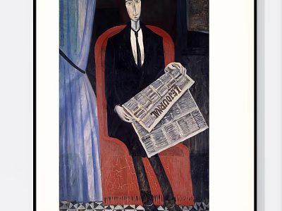 Portrait Painting of Man in Suit and Tie Reading Newspaper on Red Chair 3d model