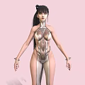 Futuristic Woman In Shiny Metallic Bodysuit With High Heels And Ponytail