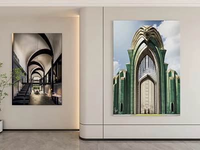 Arched Architecture Landscape Paintings Hanging Wall Art With Interior Corridor Green Exterior Blue Sky 3d model