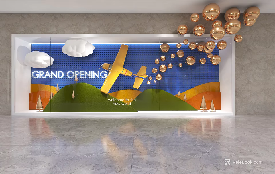 Grand Opening Shop Window Display with Yellow Airplane White Clouds Gold Balloons and Green Hills 3d model 