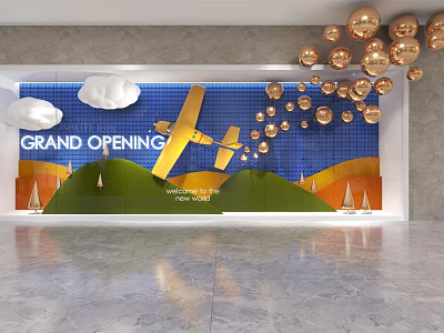 Grand Opening Shop Window Display with Yellow Airplane White Clouds Gold Balloons and Green Hills 3d model