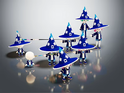 Magical Wizard Characters With Blue Starry Hats And Wands Standing Together 3d model