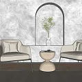 Leisure Sofa Set With Two Beige Accent Chairs Round Coffee Table Arched Niche Green Plant
