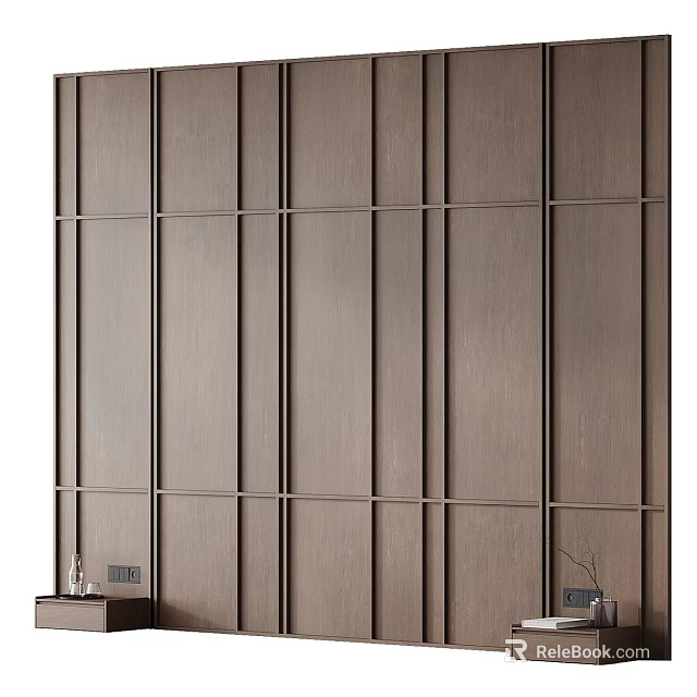 Modern Wooden Bed Background Wall with Panel Design Vertical Horizontal Lines and Small Decor 3d model 