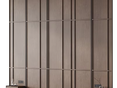 Modern Wooden Bed Background Wall with Panel Design Vertical Horizontal Lines and Small Decor 3d model