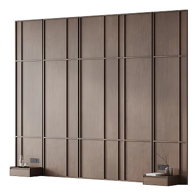 Modern Wooden Bed Background Wall with Panel Design Vertical Horizontal Lines and Small Decor 3d model