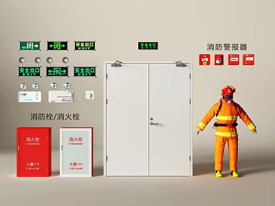 Essential Fire Equipment With Fire Hydrants Fire Alarm Buttons Fire Cabinets And Emergency Exit Signs 3d model