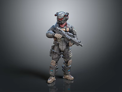 Sci Fi Armored Warrior Character In Combat Gear With Rifle And Helmet 3d model