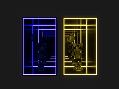 Futuristic KTV Corridor Design with Blue Yellow Neon Frames and Robot Decor 3d model