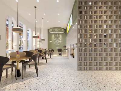Modern Milk Tea Shop Interior With Seating Area Green Accents And Decorative Grid Wall 3d model