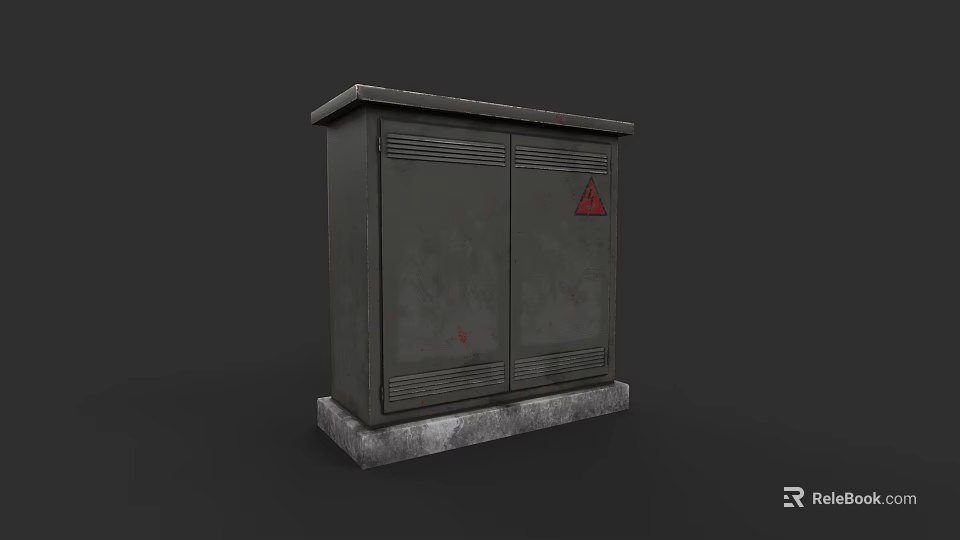Industrial Electrical Distribution Box With Double Doors Red Warning Sign And Stone Base 3d model 