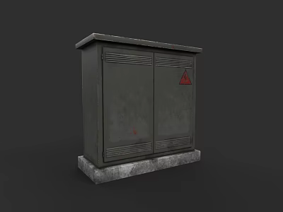 Industrial Electrical Distribution Box With Double Doors Red Warning Sign And Stone Base 3d model