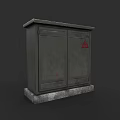Industrial Electrical Distribution Box With Double Doors Red Warning Sign And Stone Base