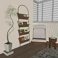Arched Metal Frame Wooden Ladder Shelf With Books And Green Plant In Living Room