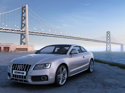 Silver Audi Coupe Parked On Seaside Road With Large Suspension Bridge Under Blue Sky 3d model