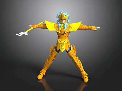 Golden Armored Character With Blue Hair Posing With Spear And Outstretched Arms 3d model