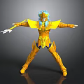 Golden Armored Character With Blue Hair Posing With Spear And Outstretched Arms