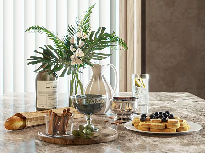 Appetizing Food Display With Fresh Bread Waffles Black Berries And Cinnamon Sticks On Marble Table 3d model
