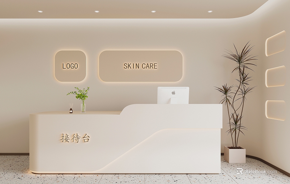 Modern Skin Care Shop Reception Desk With White Counter Logo Green Plant And Soft Lighting 3d model 