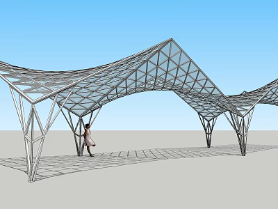 Geometric Tensile Membrane Roof Structure With Metal Frame Over Pedestrian Walkway Under Clear Blue Sky 3d model