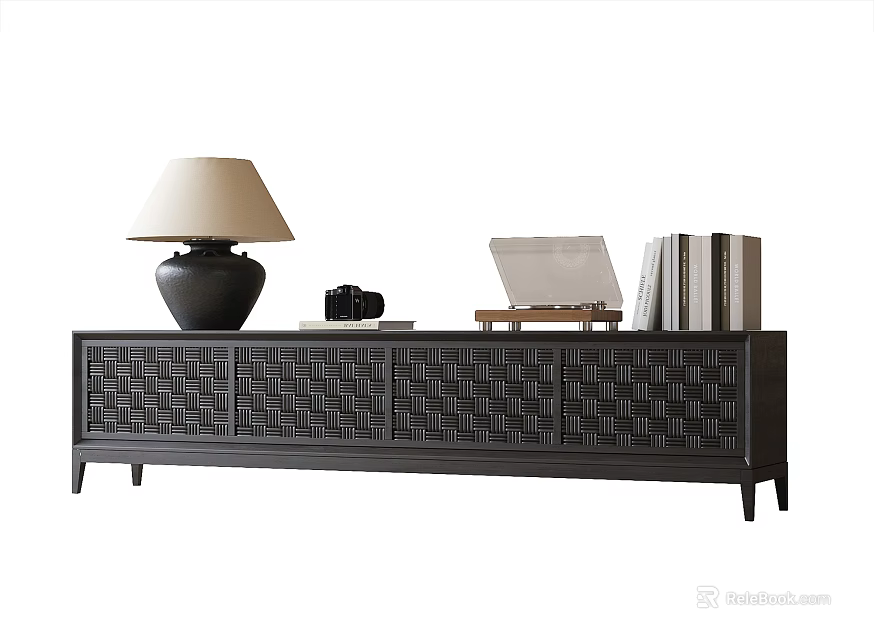 Dark TV Stand with Woven Cabinet Doors Four Legs Table Lamp Camera Open Laptop 3d model 